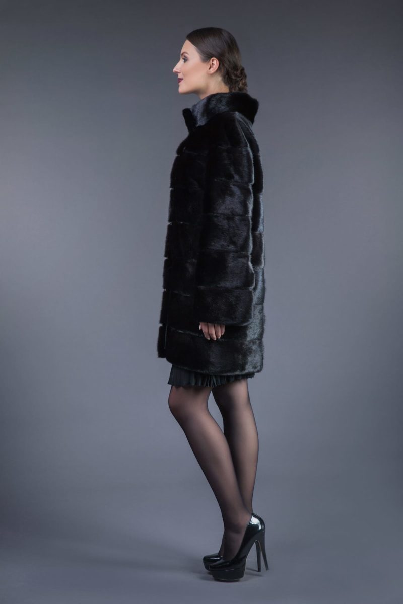 black horizontal mink fur coat with leather inserts