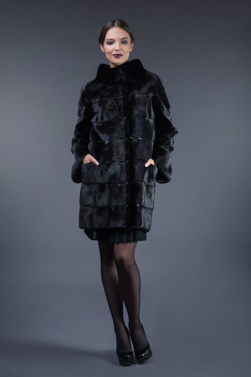 black horizontal mink fur coat with leather inserts