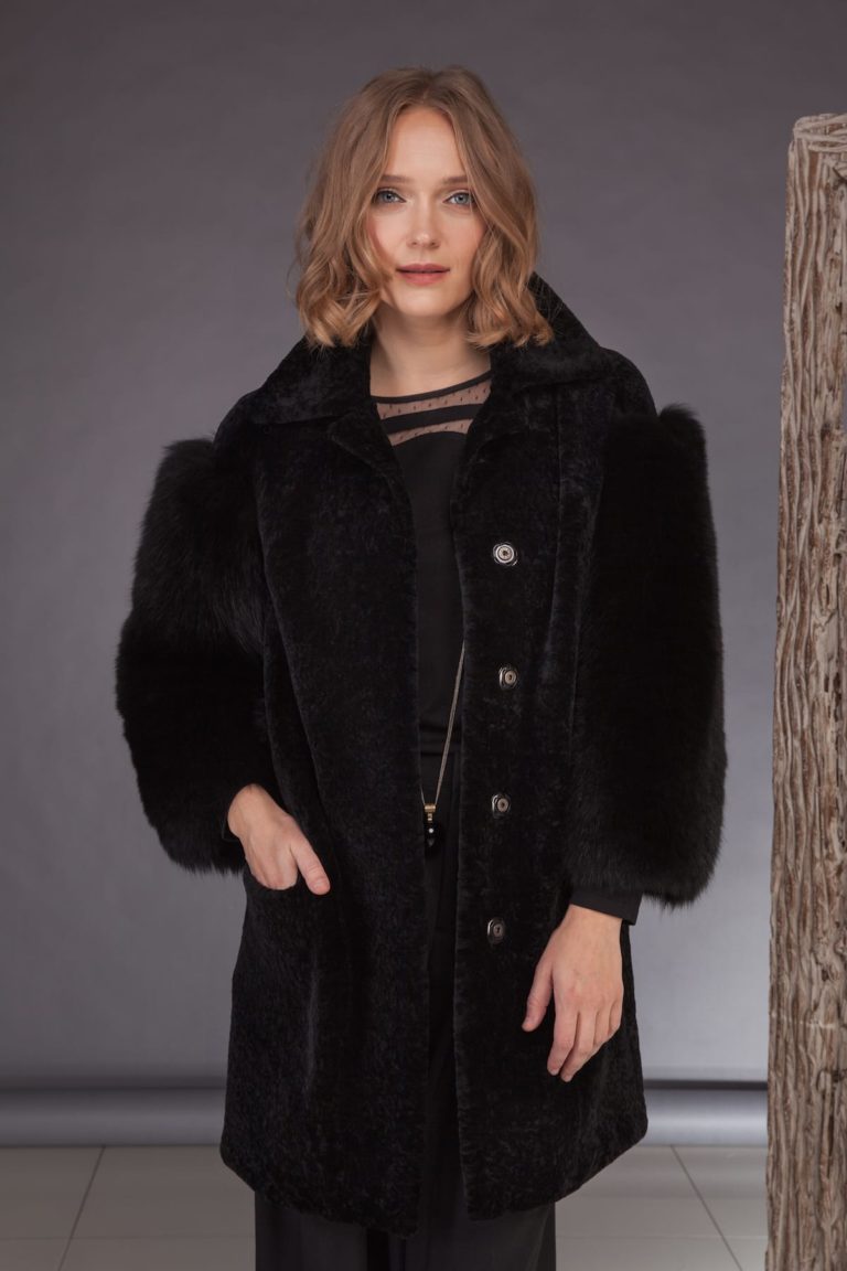 Black Mouton Jacket With Fox Fur Sleeves Handmade By Nordfur 