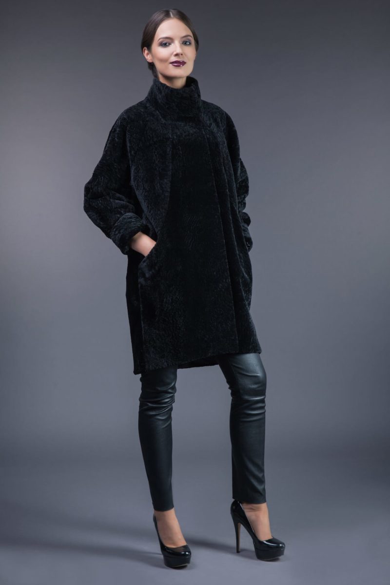 black mouton sheepskin fur coat
