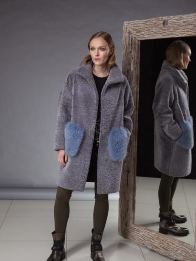 blue shearling coat with fox fur pockets