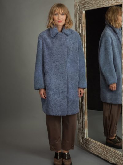 blue sheepskin fur coat with revere collar