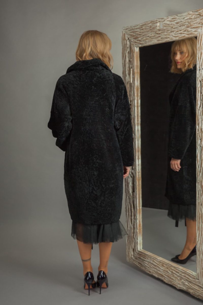 classic black sheepskin fur coat with revere collar