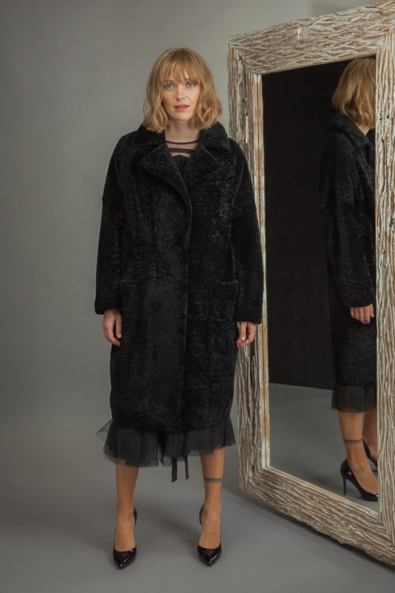 classic black sheepskin fur coat with revere collar