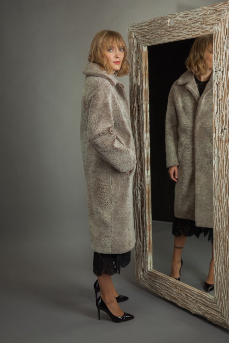 classic brown sheepskin fur coat for women