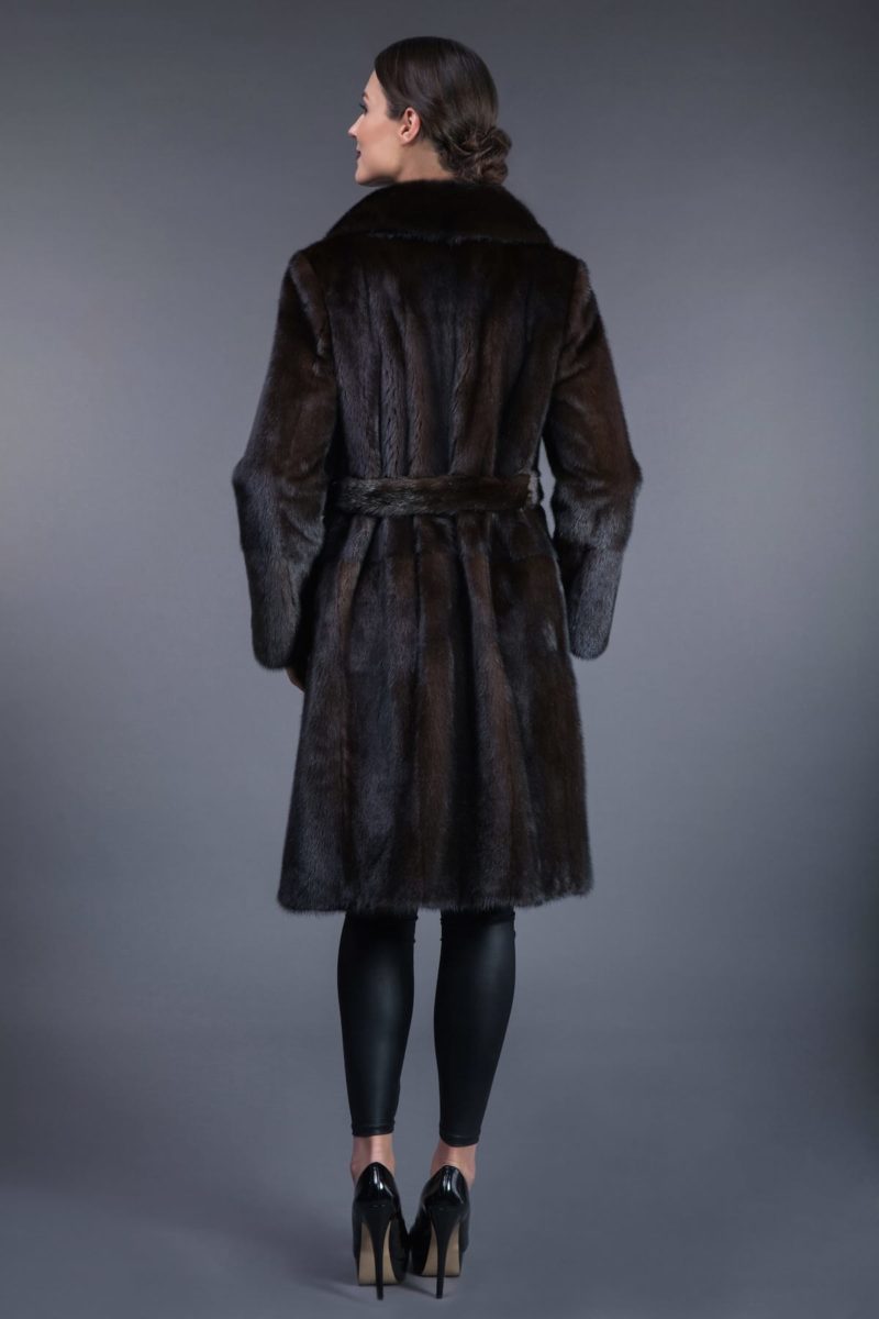 classic natural brown vertical mink fur coat with belt