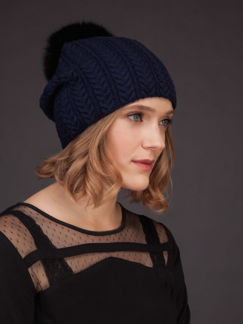 dark blue knit cashmere beanie hat with fox fur pom for women