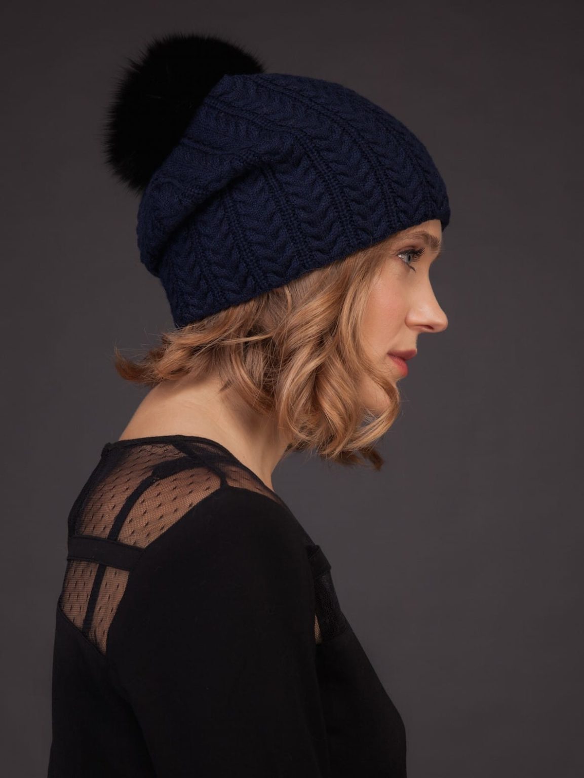 Dark Blue Knit Cashmere Beanie Hat with Fox Fur Pom-Pom | NordFur