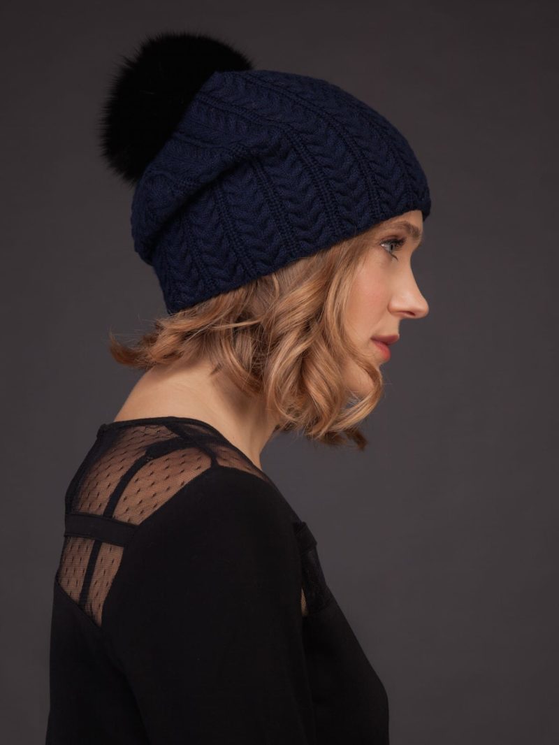 dark blue knit cashmere beanie hat with fox fur pom for women