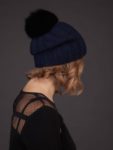 dark blue knit cashmere beanie hat with fox fur pom for women