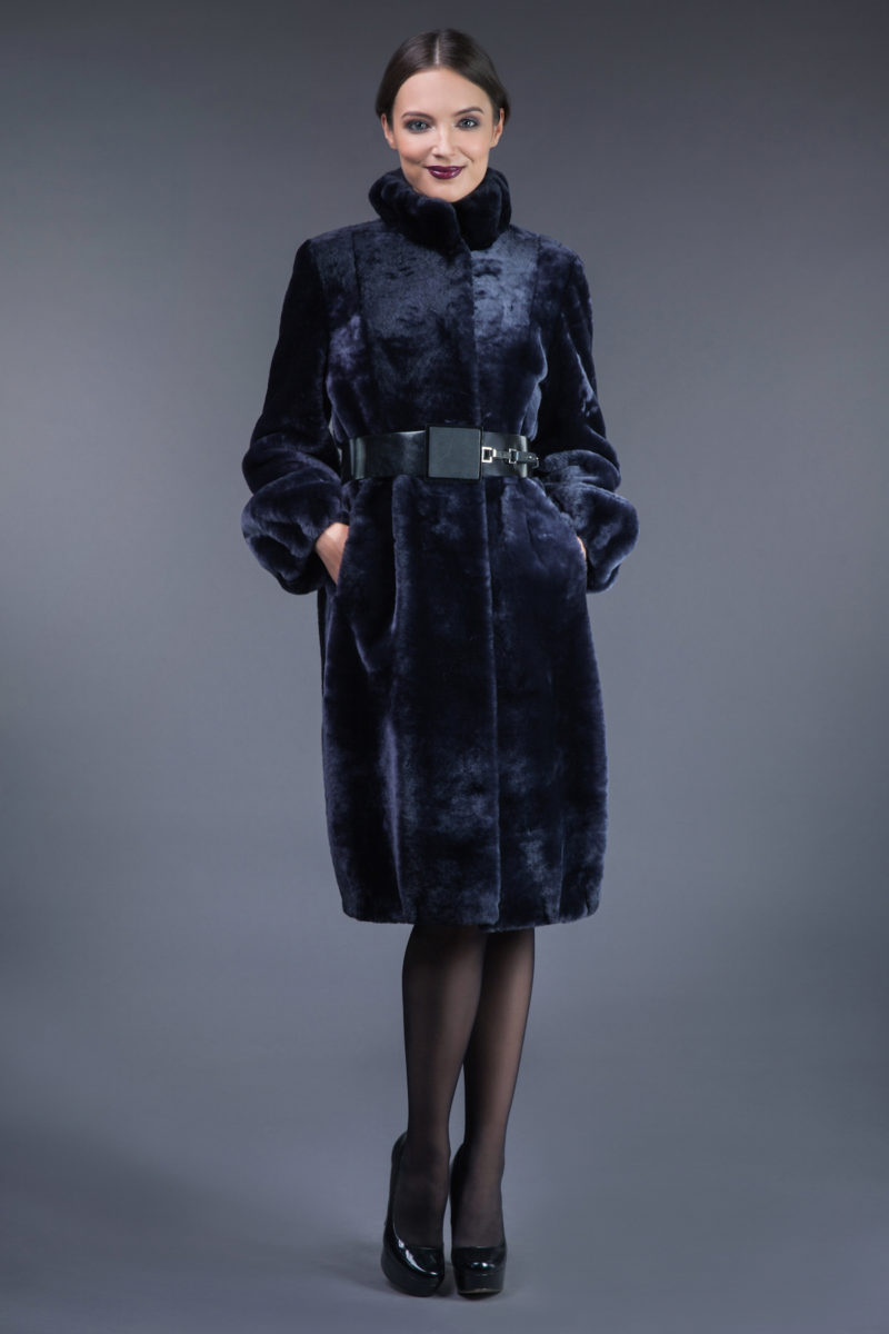 dark blue mouton fur coat with leather belt