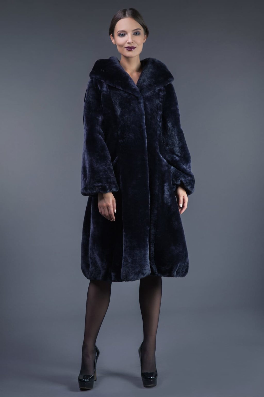 Dark Blue Mouton Fur Hooded Coat Handmade by NordFur