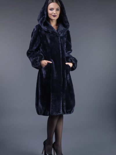 dark blue mouton fur hooded coat