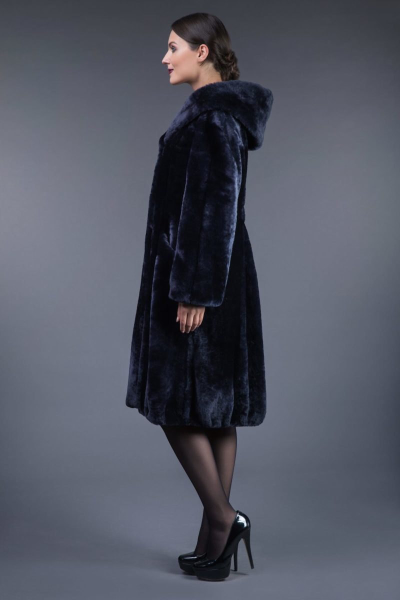 dark blue mouton fur hooded coat