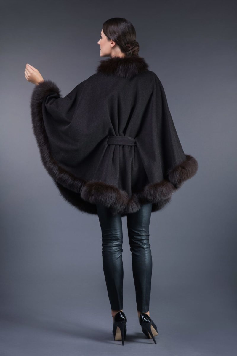 dark brown cashmere cape with brown fox fur trim