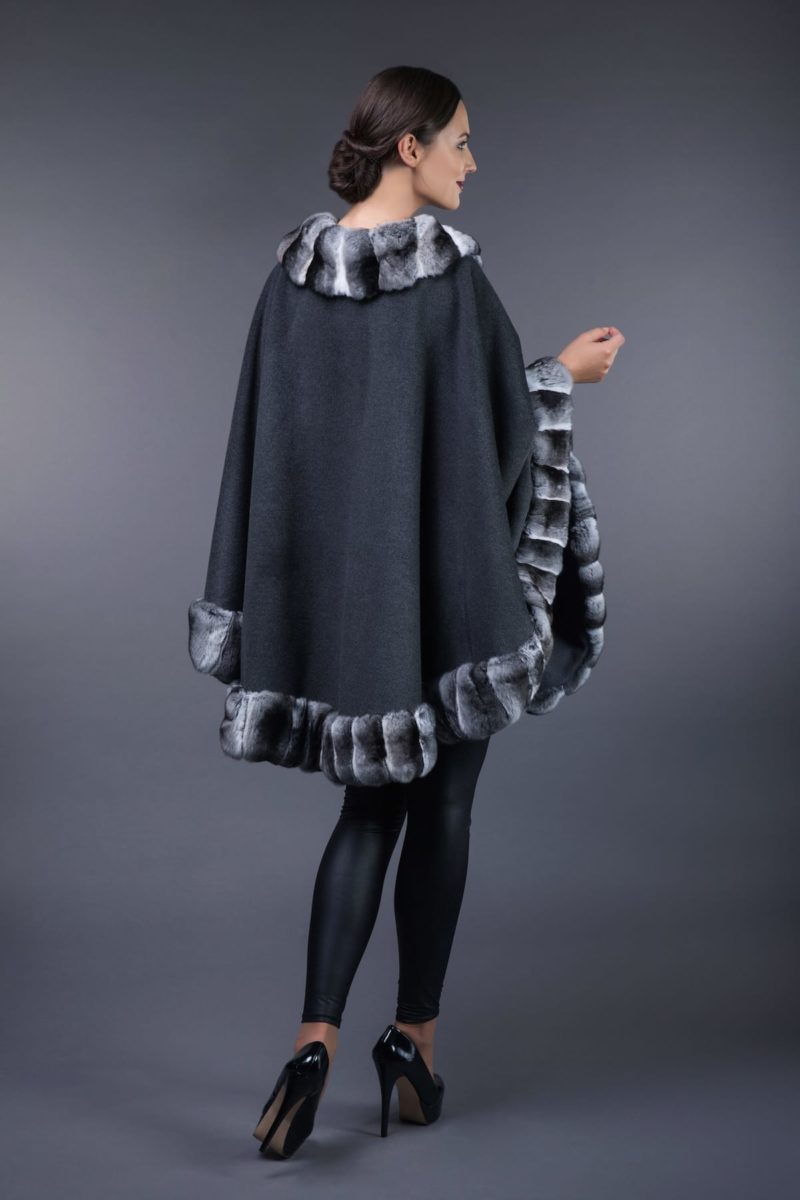 dark gray cashmere cape with natural chinchilla fur trim