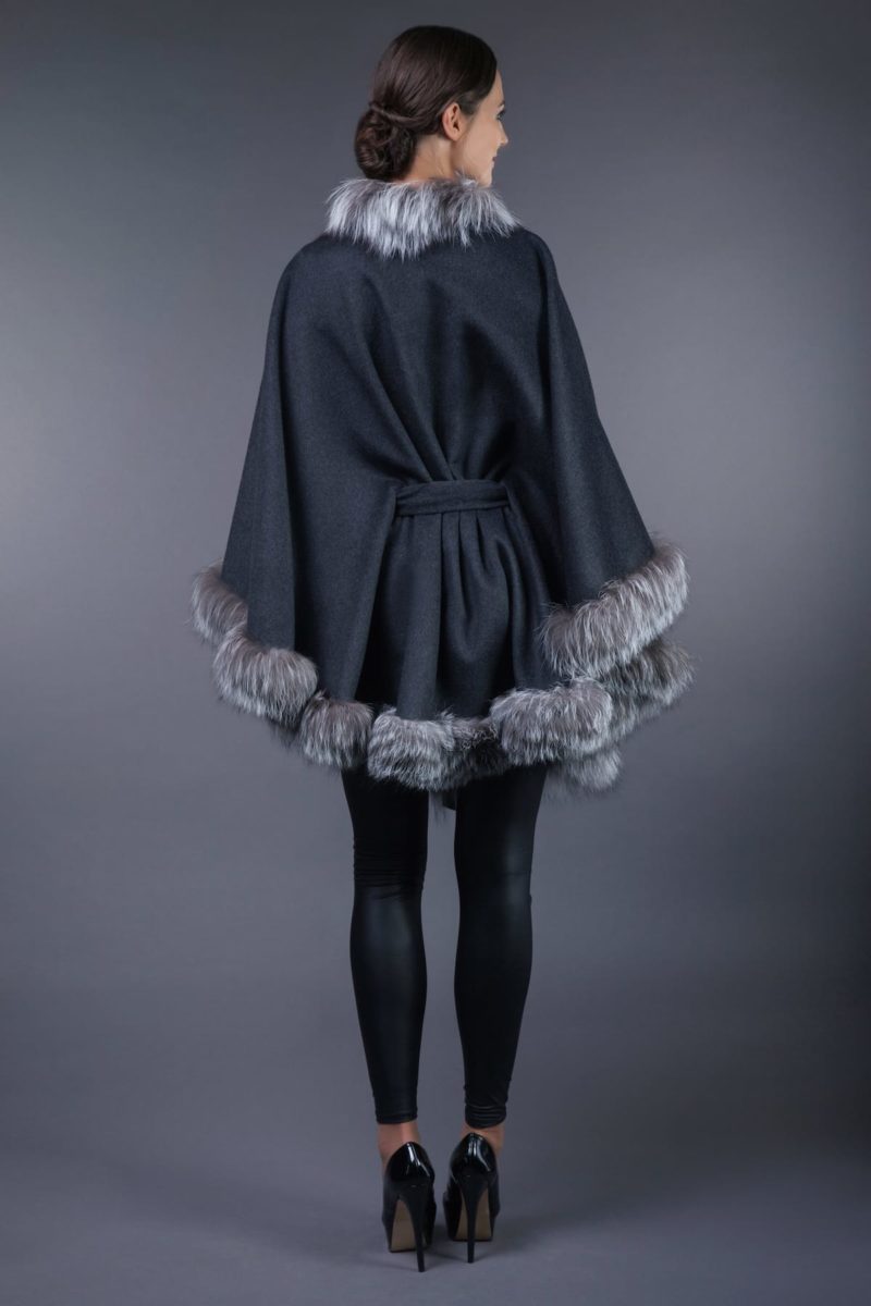 dark gray cashmere cape with silver fox fur trim