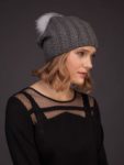 dark gray knit cashmere beanie hat with fox fur pom for women