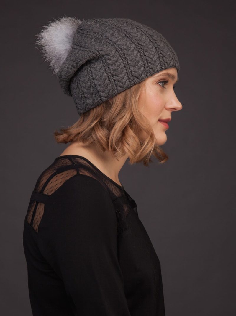 dark gray knit cashmere beanie hat with fox fur pom for women
