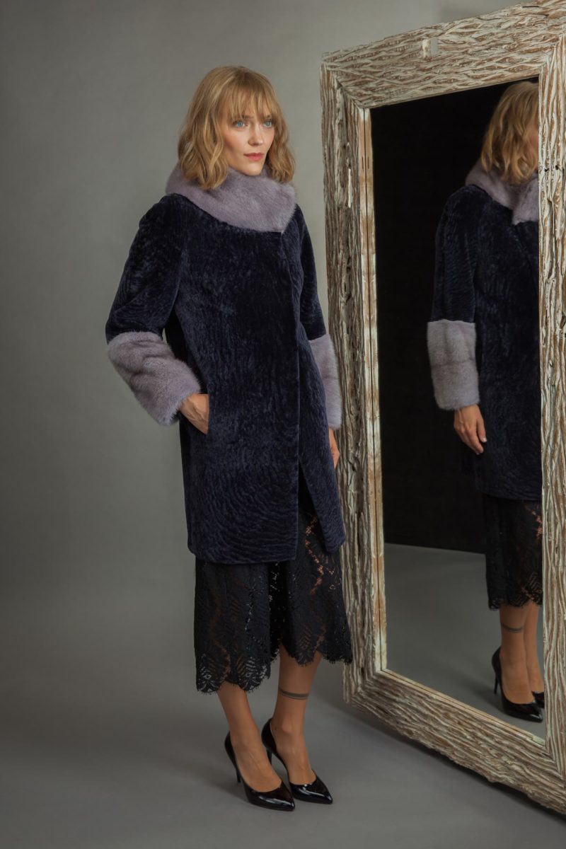 dark purple sheepskin fur coat with mink collar and sleeves