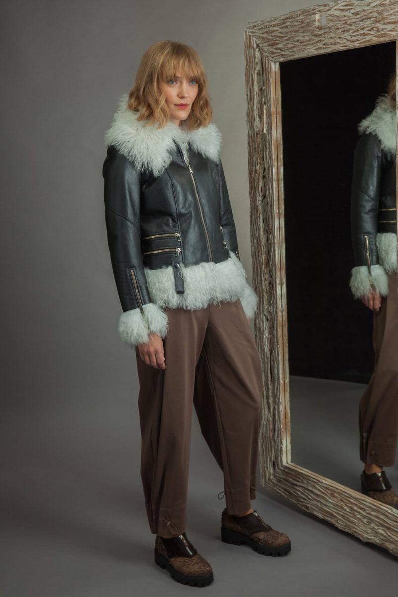 fur lined sheepskin fur jacket in white and black colors