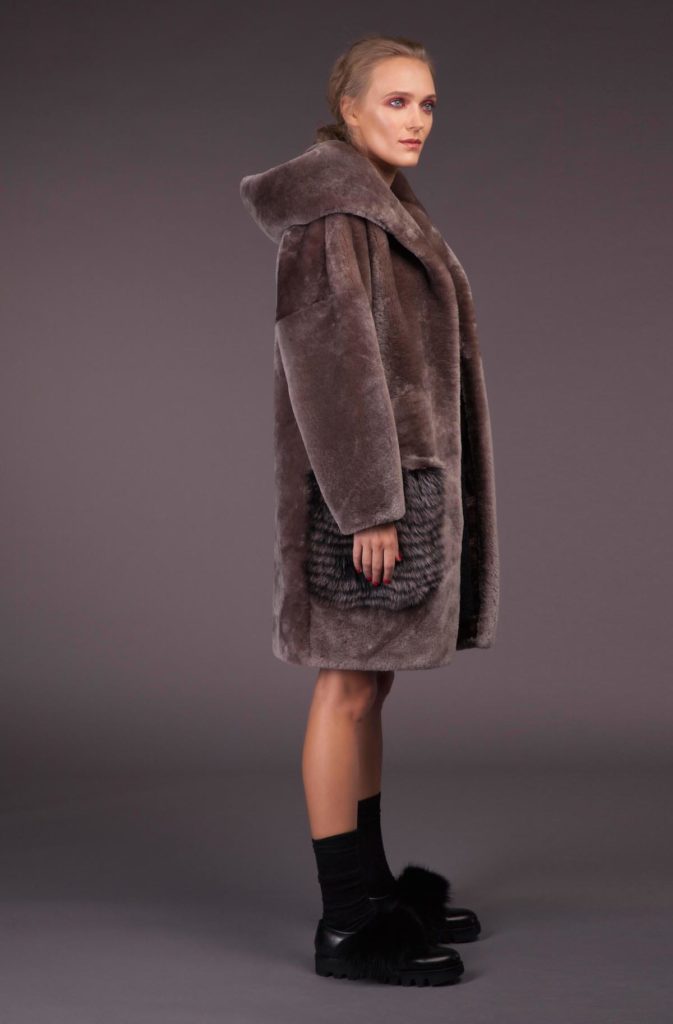 Gray Mouton Sheepskin Coat with Hood & Fox Pockets Handmade by NordFur
