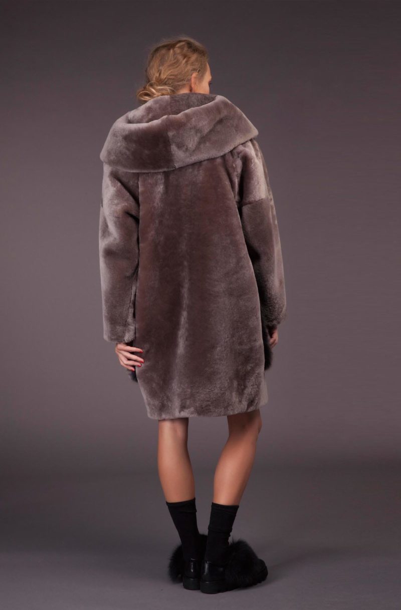 Gray Mouton Sheepskin Coat with Hood & Fox Pockets