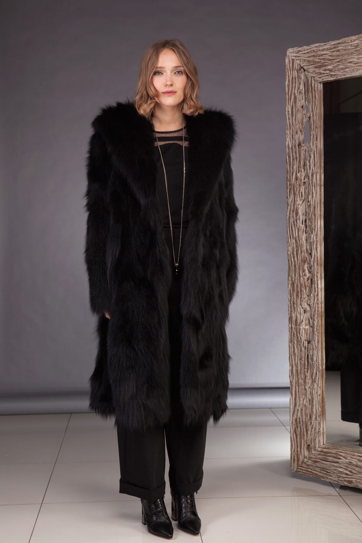 Long Hooded Black Fox Fur Coat