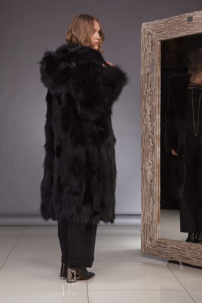 Long Hooded Black Fox Fur Coat Nord