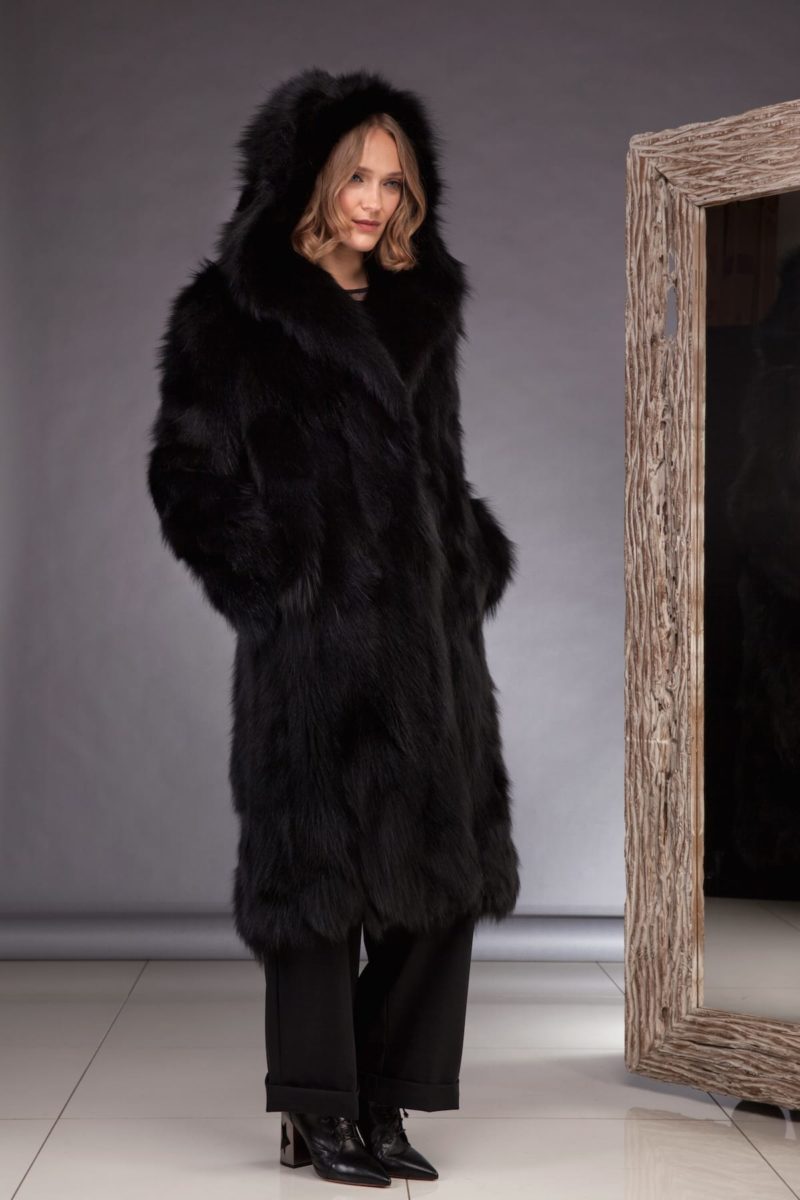 hooded long black fox fur coat