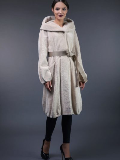hooded mouton fur coat tied with belt
