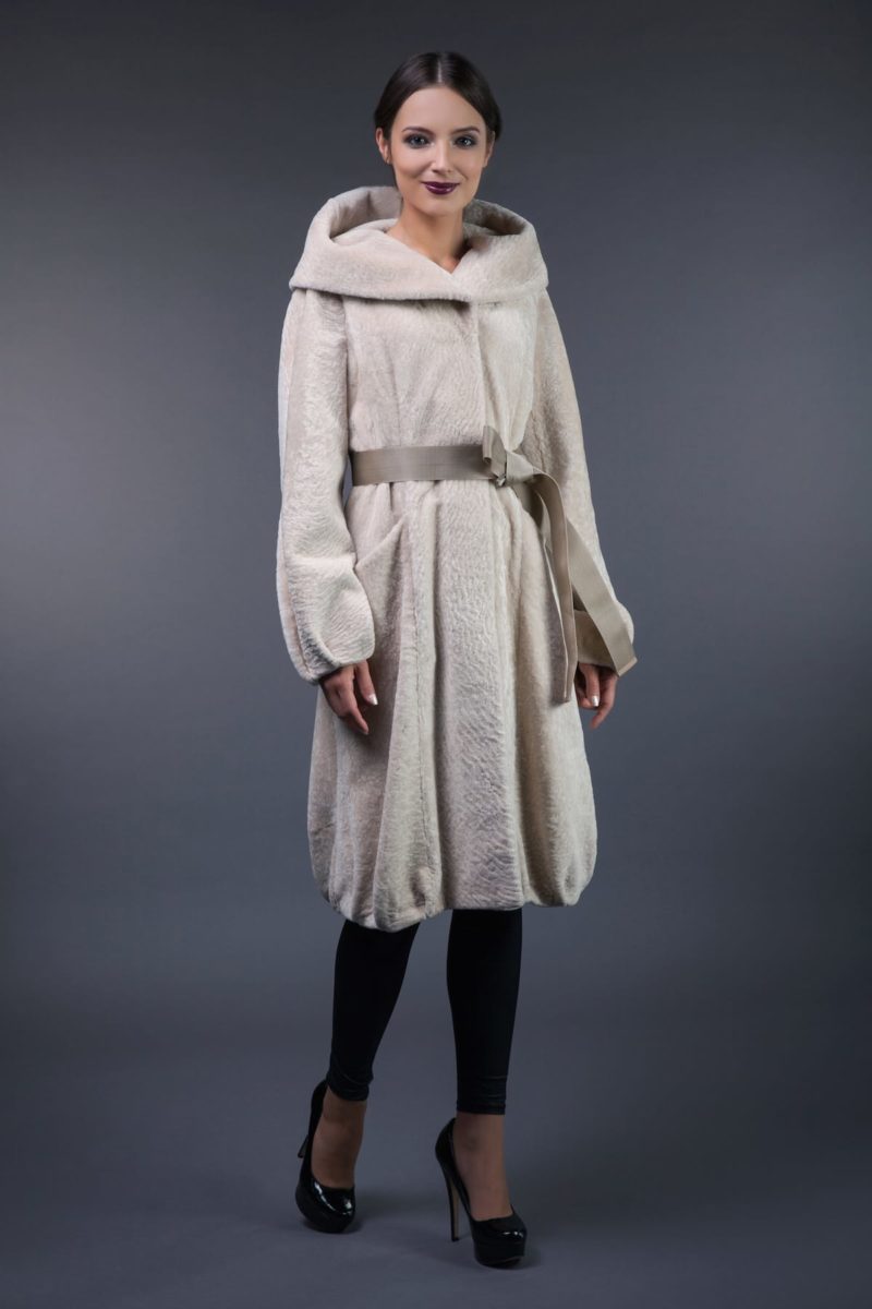 hooded mouton fur coat tied with belt