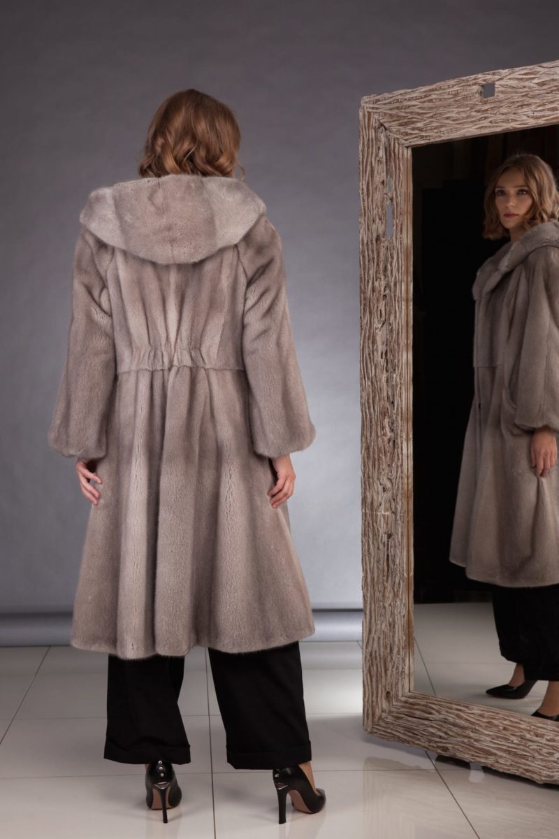 hooded natural silver mink fur coat