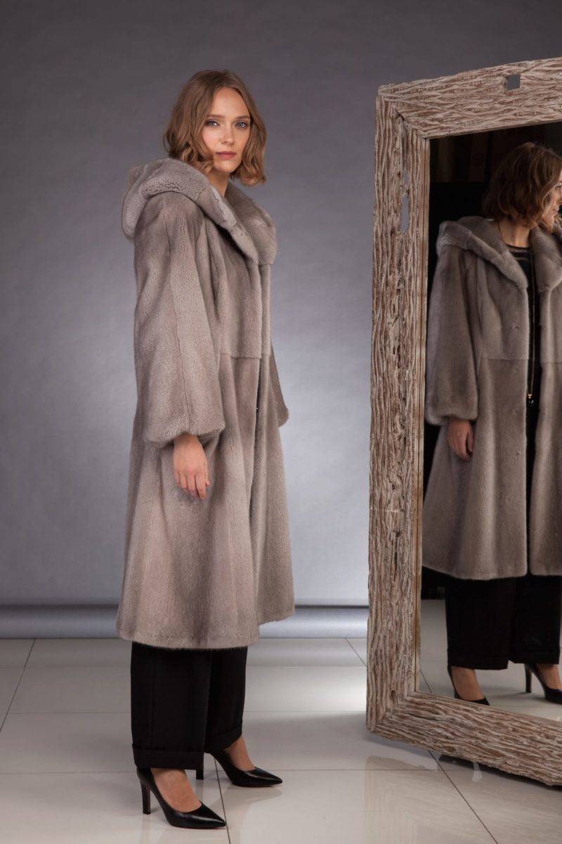 hooded natural silver mink fur coat