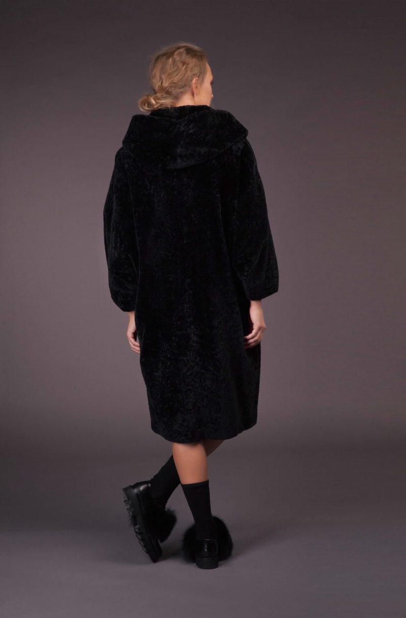 hooded oversize natural mouton fur coat with belt