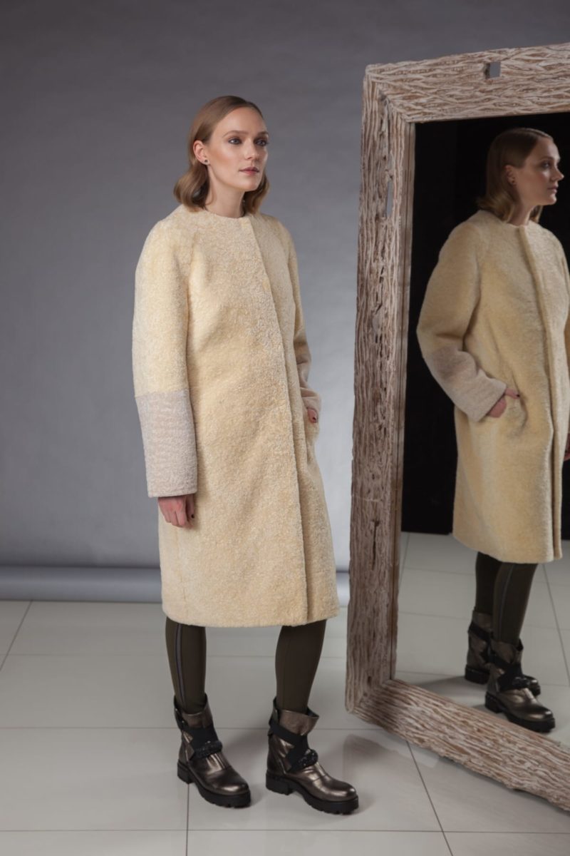 lemon yellow sheepskin coat with detachable fox fur collar