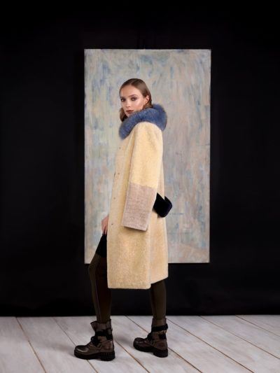 lemon yellow sheepskin coat with detachable fox fur collar