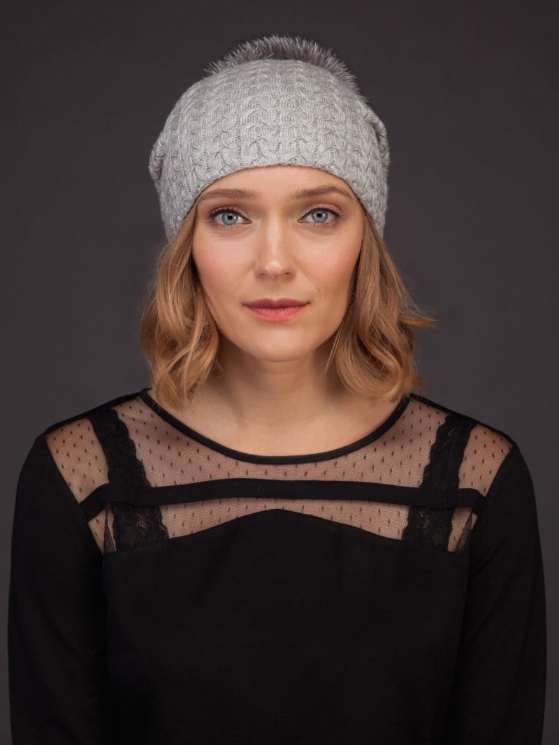 light gray knit cashmere beanie hat with fox fur pom for women