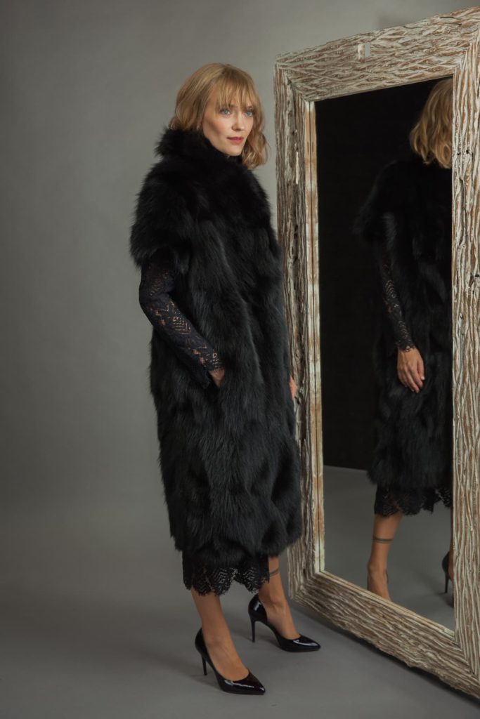 2in1 Long Black Fox Fur Coat Vest With Detachable Sleeves Handmade By Nordfur 