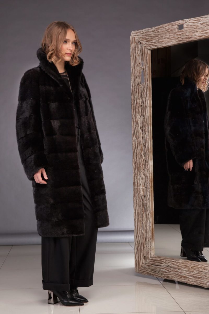 long black velvet mink fur coat with high collar