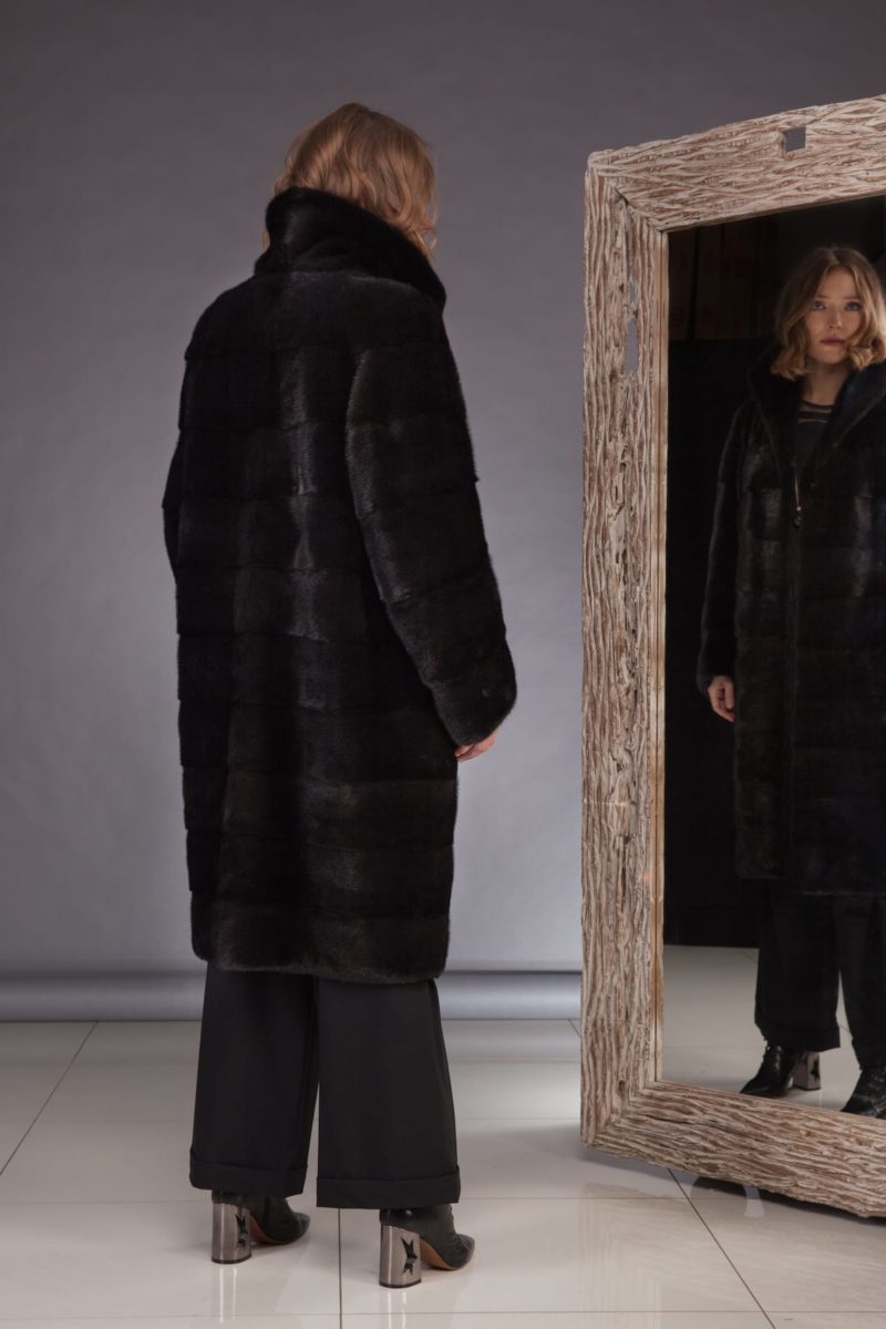 long black velvet mink fur coat with high collar