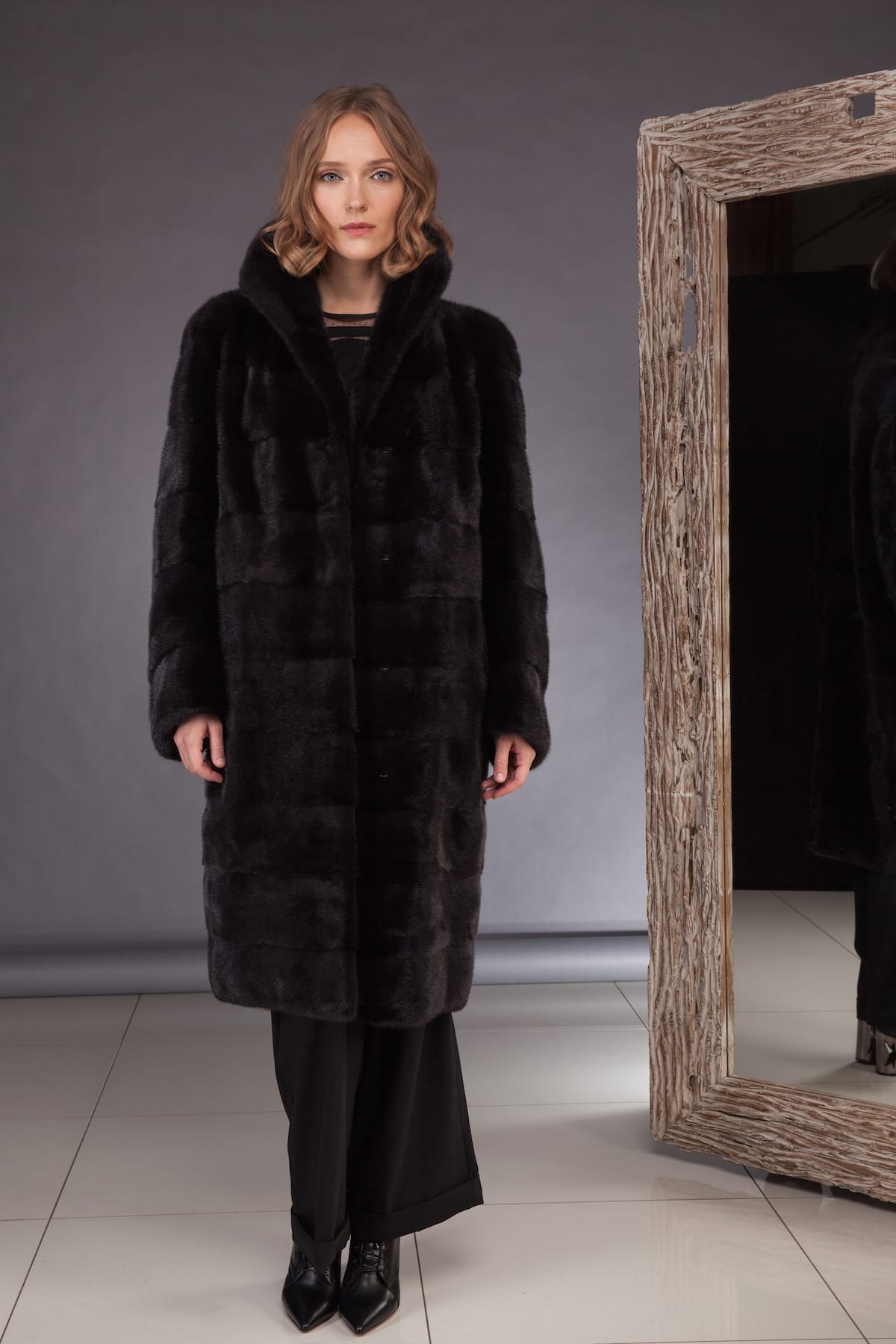 Black Velvet Luxury Mink Fur Coat with High Collar | Handmade by NordFur