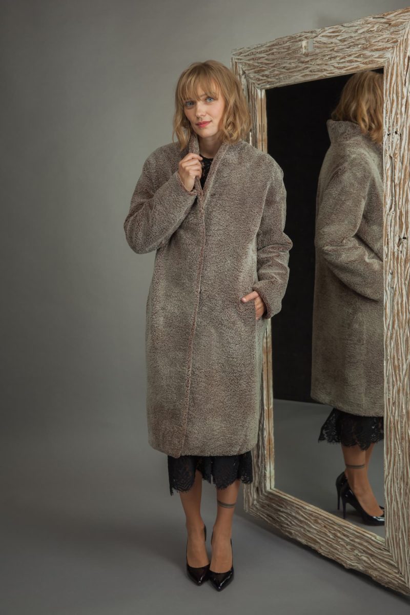 long brown shearling fur coat