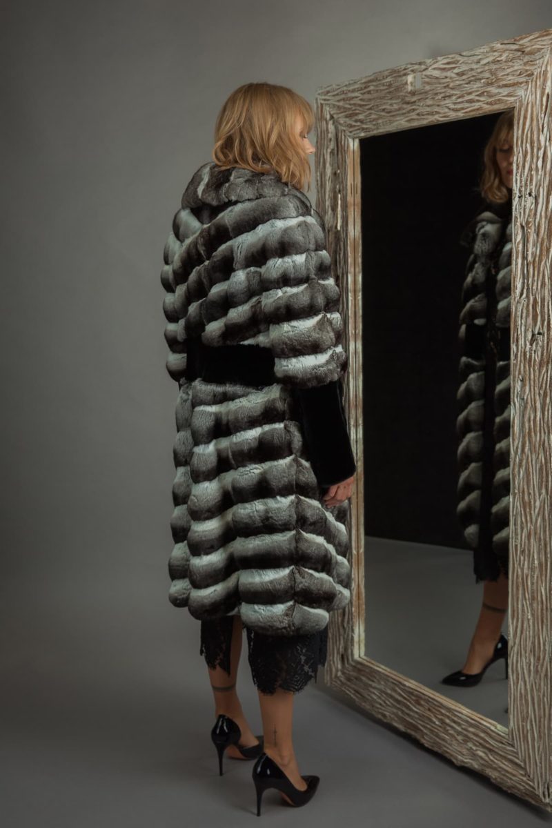 long chinchilla fur coat with black mink decoration