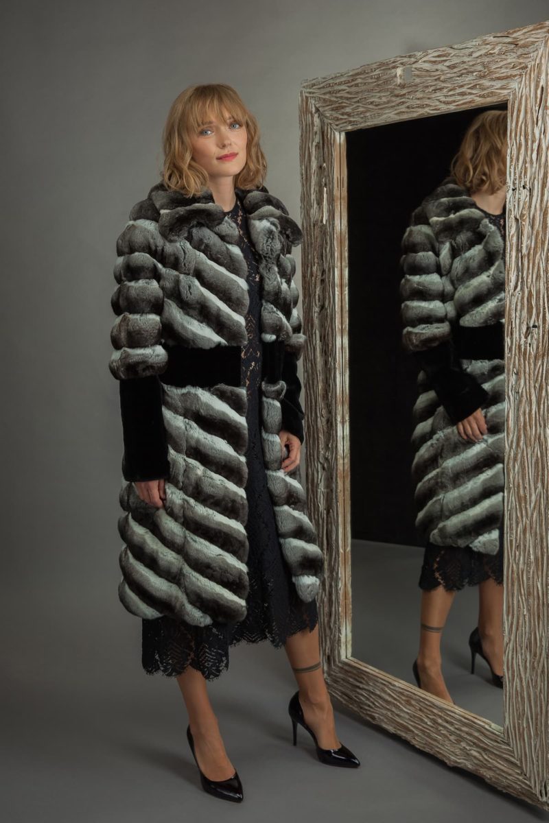 long chinchilla fur coat with black mink decoration