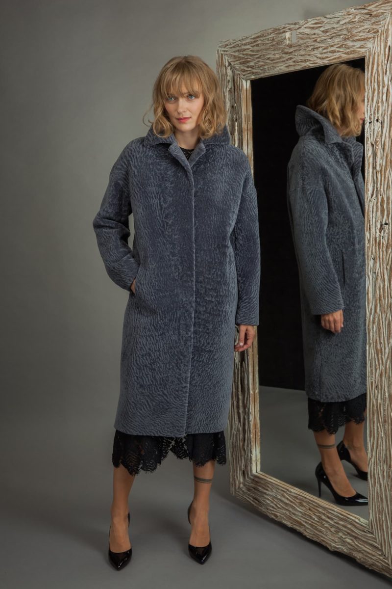 long classic dusty blue mouton sheepskin fur coat