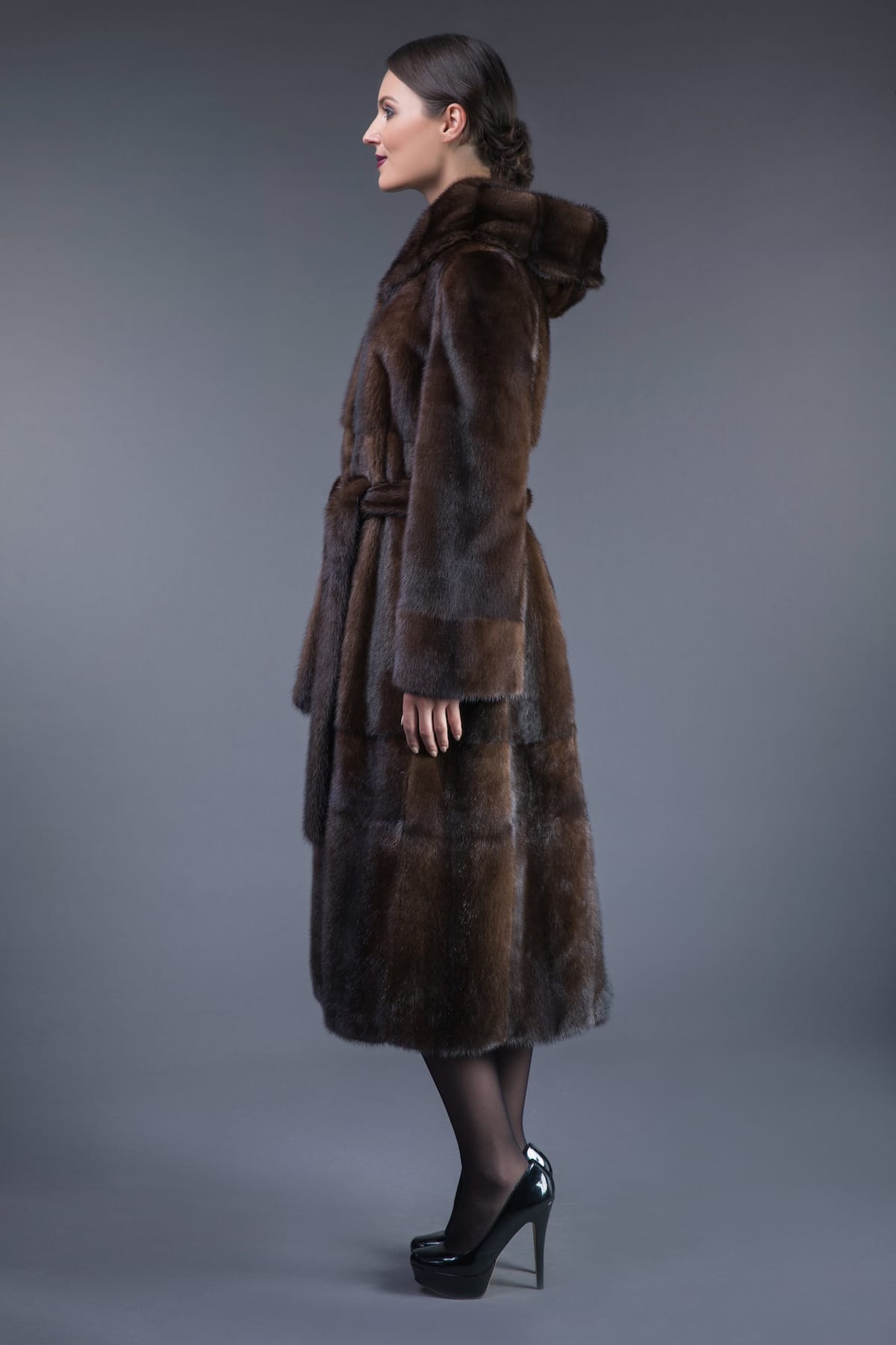 Natural Brown Mink Fur Hooded Coat Tied with Belt | Handmade by NordFur