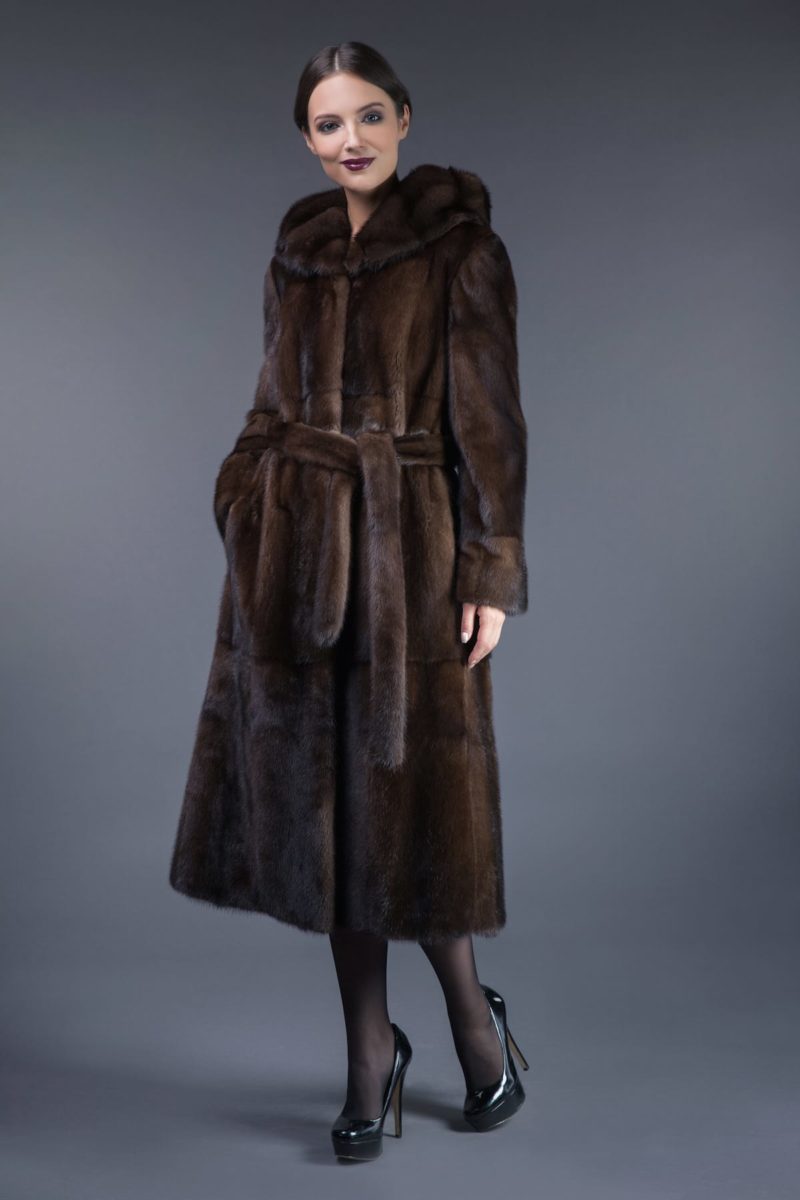 long natural brown mink fur hooded coat tied with belt
