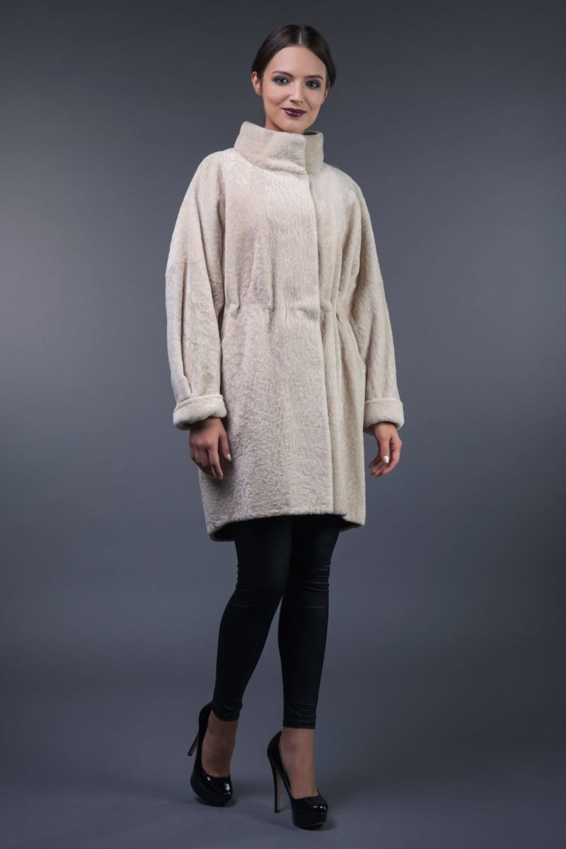 mouton fur coat with high collar