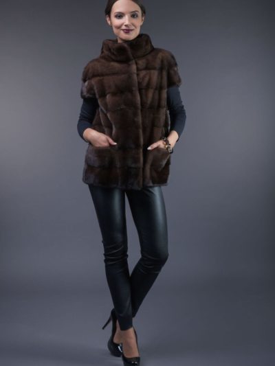 natural brown mink fur vest with high round collar